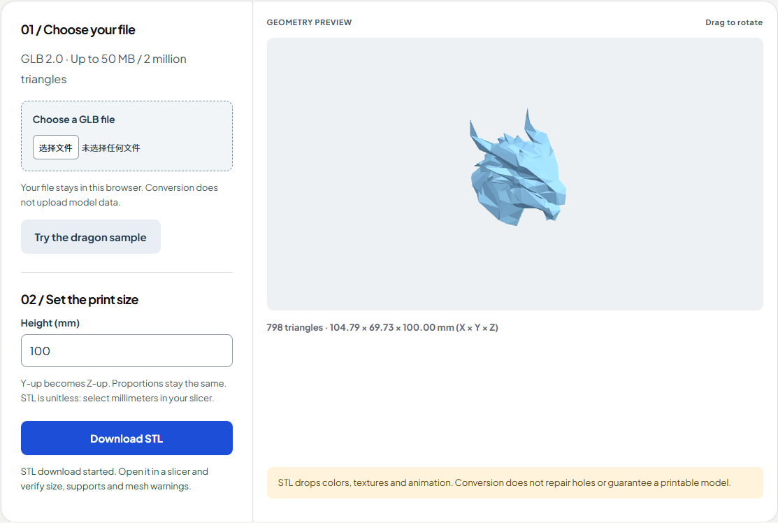 Real dragon geometry preview in the GLB to STL converter at 100 millimeters